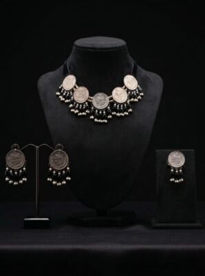 Tribal Statement Coin choker Set with Black Beads