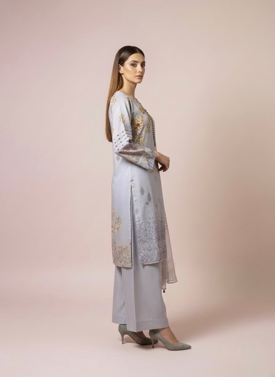 Ice Grey Viscose Embroidered Dress - Image 3