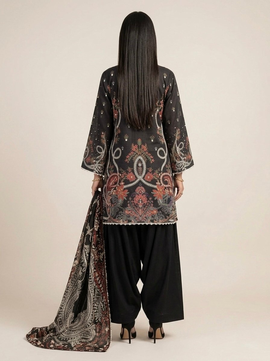 Black Premium Linen Printed Dress - Image 3
