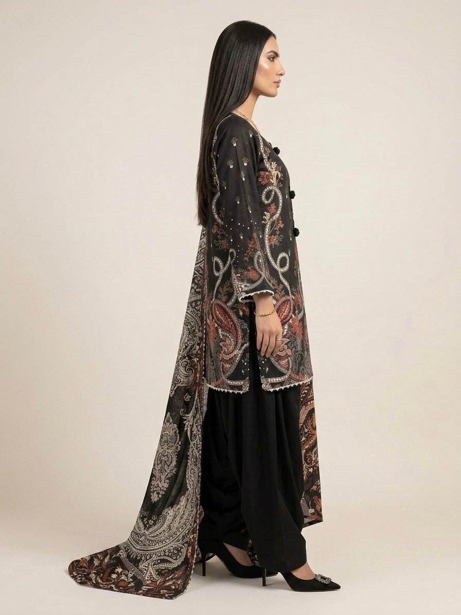 Black Premium Linen Printed Dress - Image 4