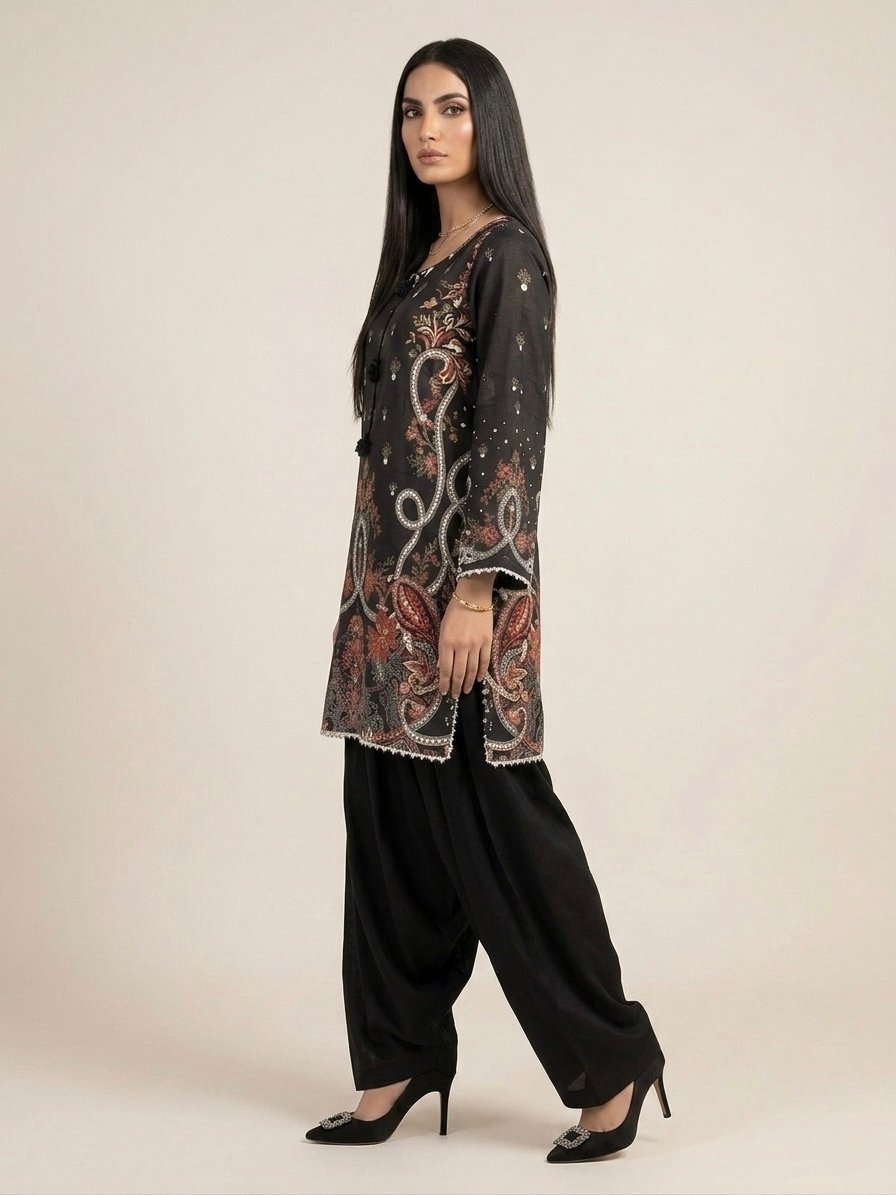 Black Premium Linen Printed Dress - Image 2