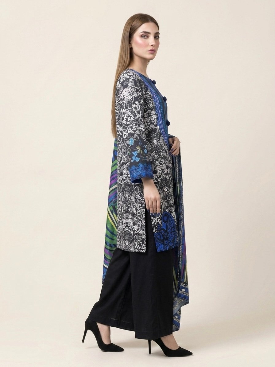 Midnight Black and Ivory Premium Linen Printed Dress - Image 3