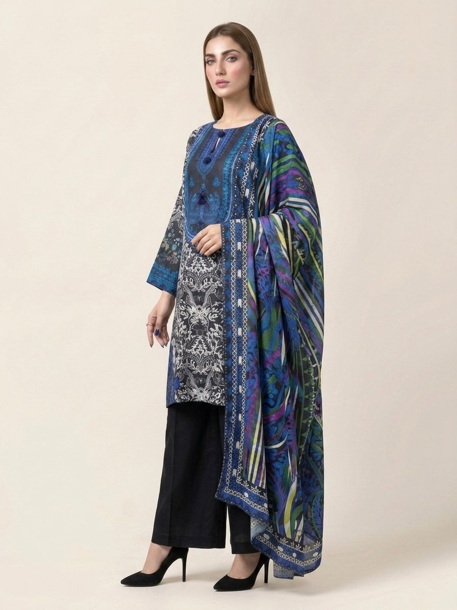 Midnight Black and Ivory Premium Linen Printed Dress - Image 2