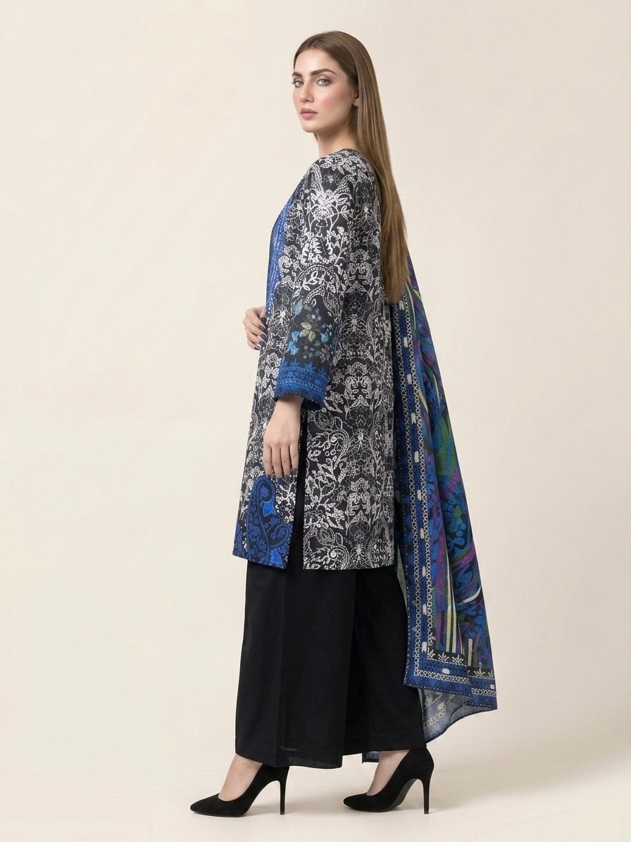 Midnight Black and Ivory Premium Linen Printed Dress - Image 4