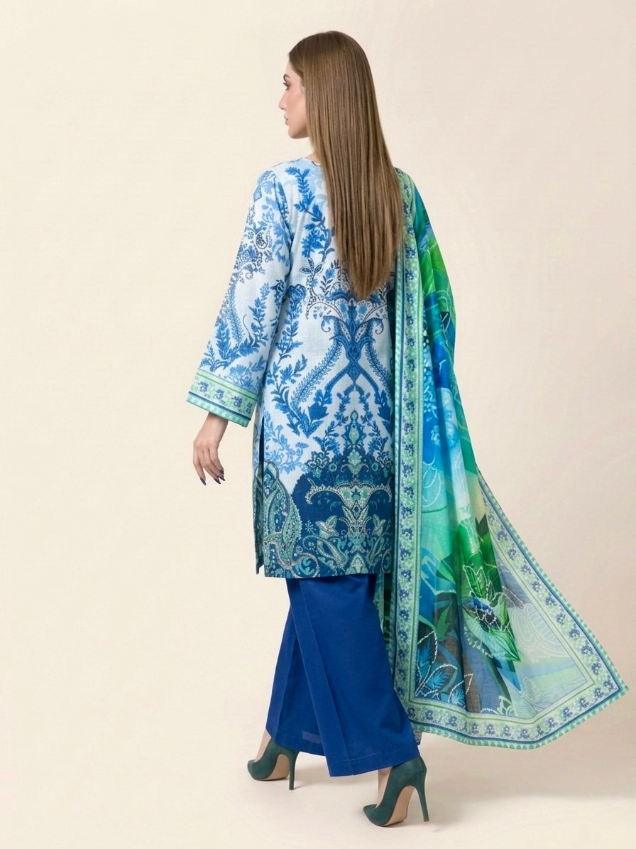 Teal-Blue Premium Linen Printed Dress - Image 3