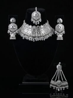 Luxury Silver Mirror Choker Jewelry Set with Crystal Drops