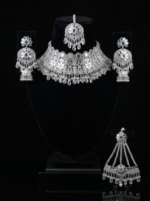 Luxury Silver Mirror Choker Jewelry Set with Crystal Drops