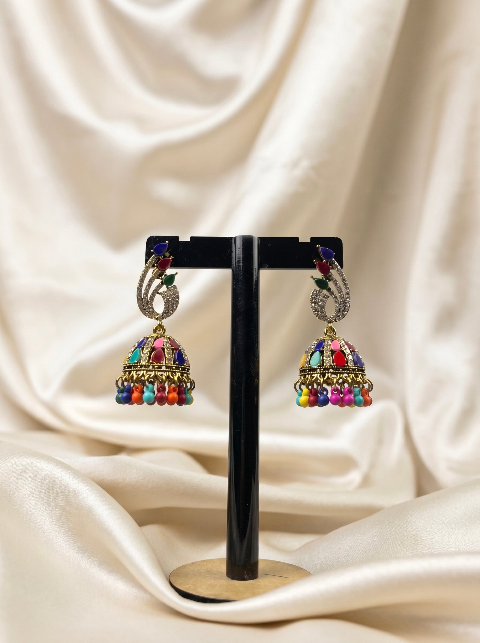 Elegant Multi-colored Stones Peacock Jhumka Earrings