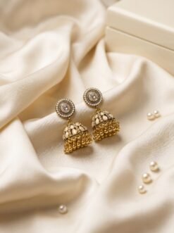Royal Vintage Cream Jhumka Earrings with Crystal Accents