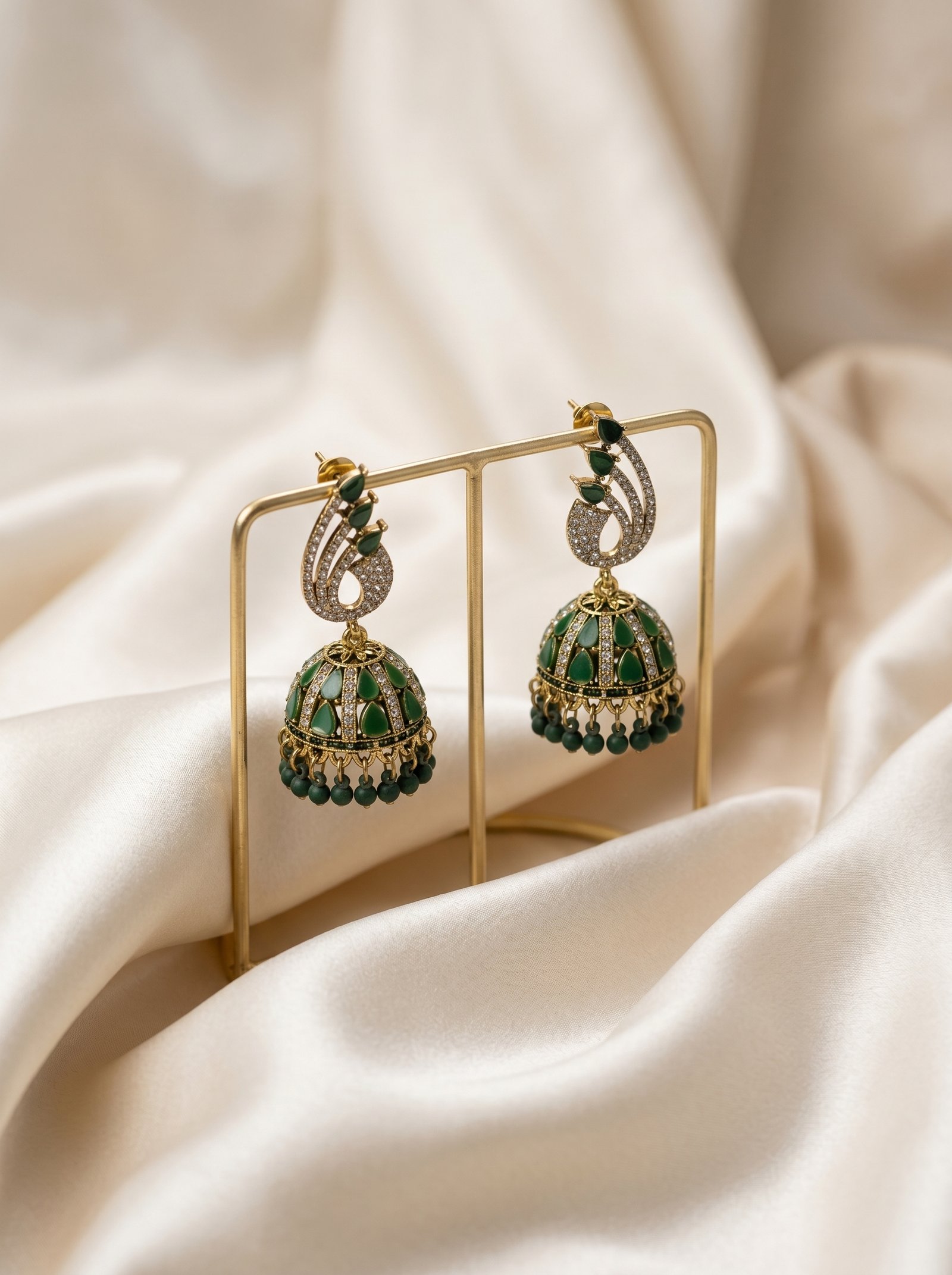 Elegant Emerald Green Peacock Jhumka Earrings