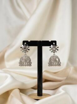Traditional Mirror-Stone Floral Matte Silver Jhumka Earrings