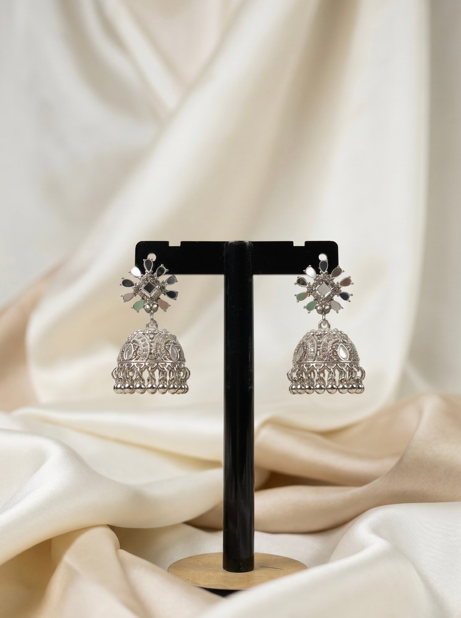 Traditional Mirror-Stone Floral Matte Silver Jhumka Earrings