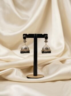 Elegant Monochrome Enamel Jhumkas with Black Beaded Droplets