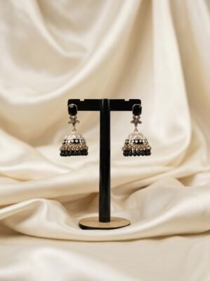 Elegant Monochrome Enamel Jhumkas with Black Beaded Droplets