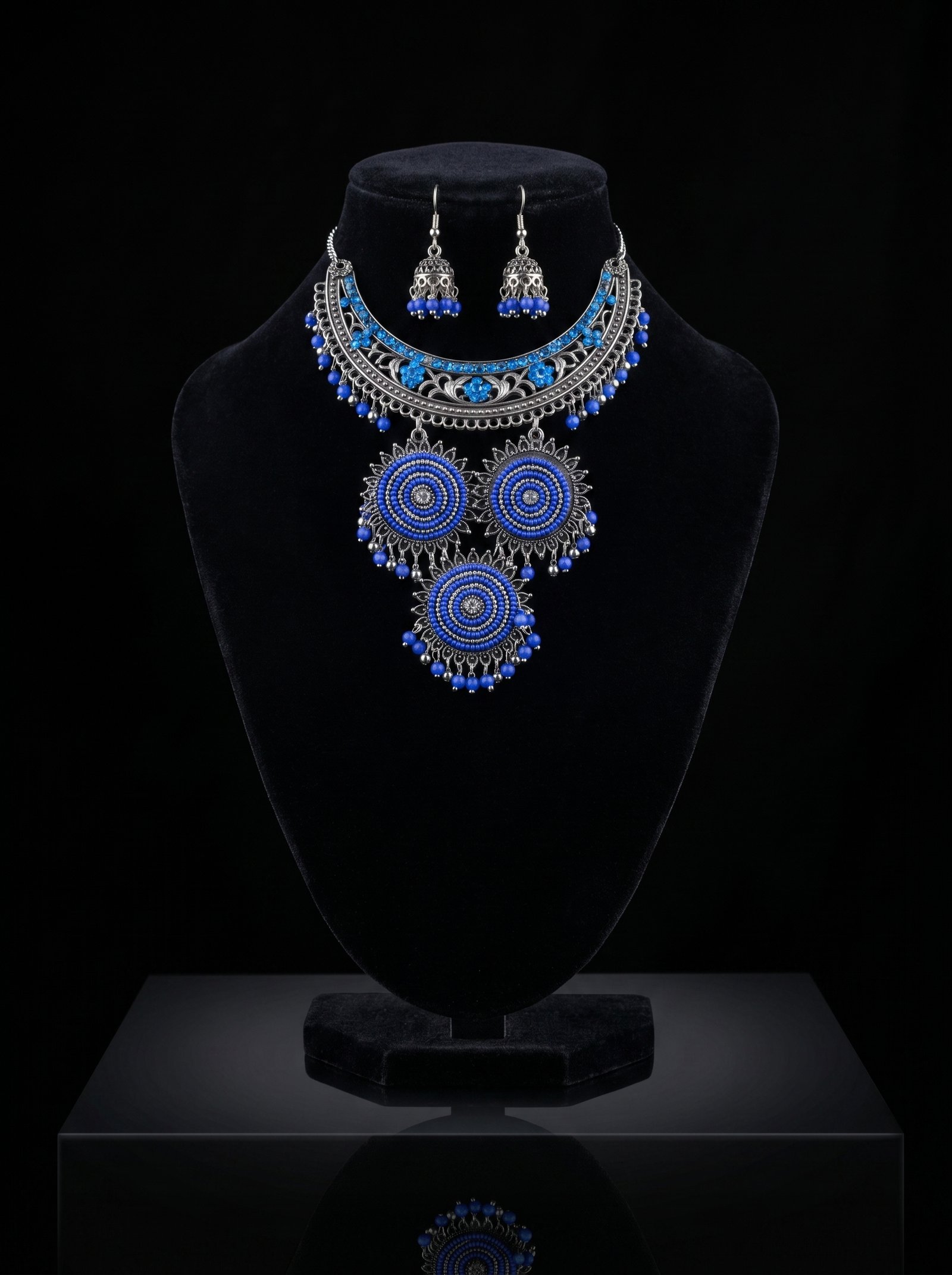 Tribal Afghan Style Blue Beaded Necklace Set