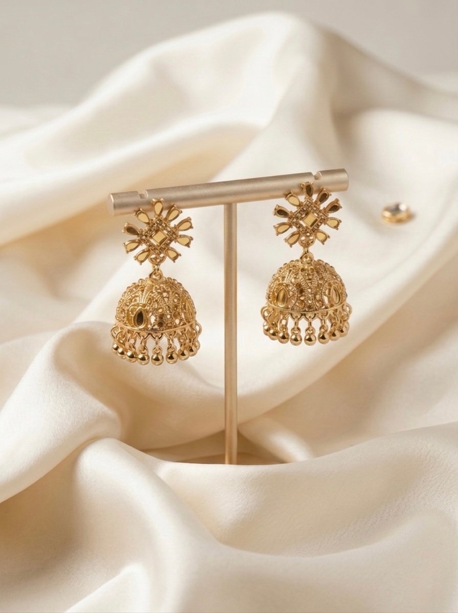 Traditional Mirror-Stone Floral Matte Golden Jhumka Earrings