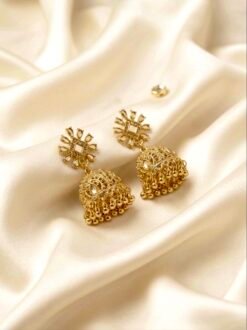 Traditional Mirror-Stone Floral Matte Golden Jhumka Earrings