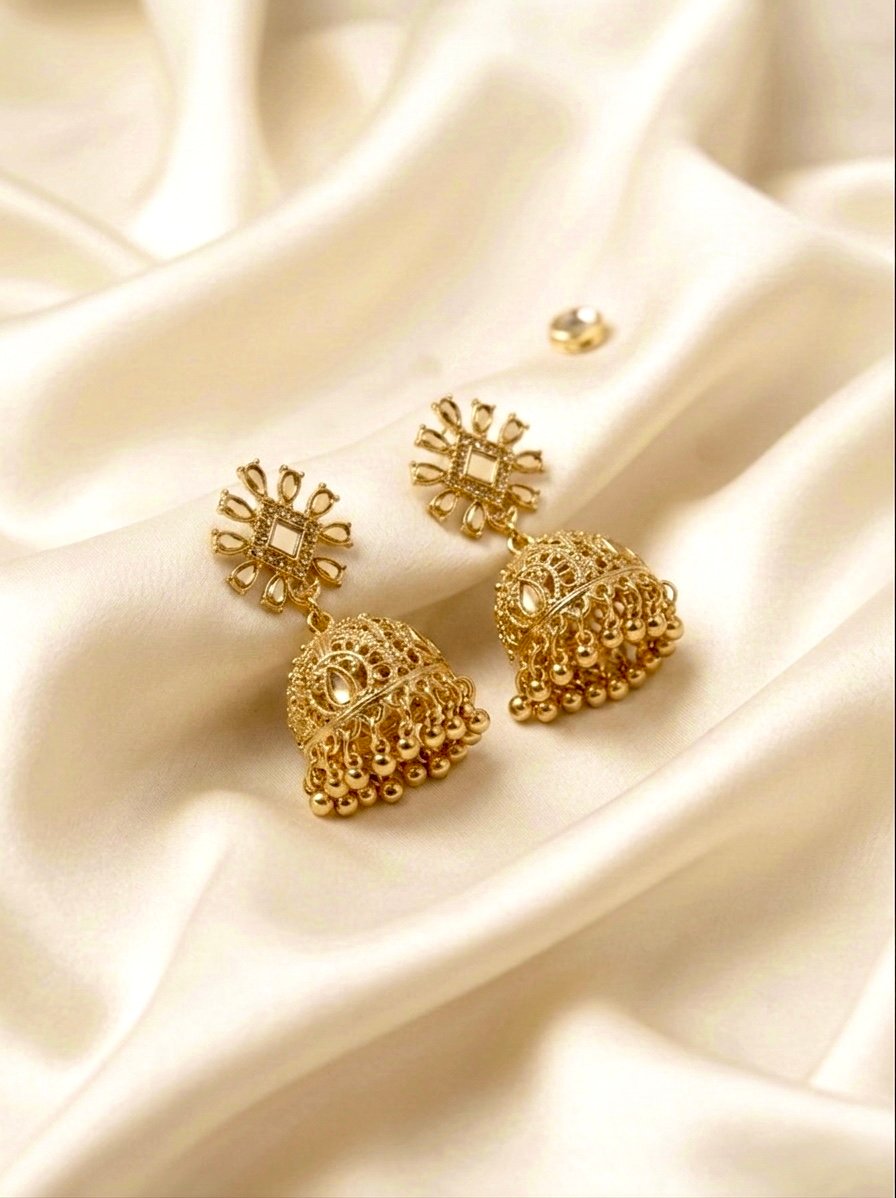 Traditional Mirror-Stone Floral Matte Golden Jhumka Earrings