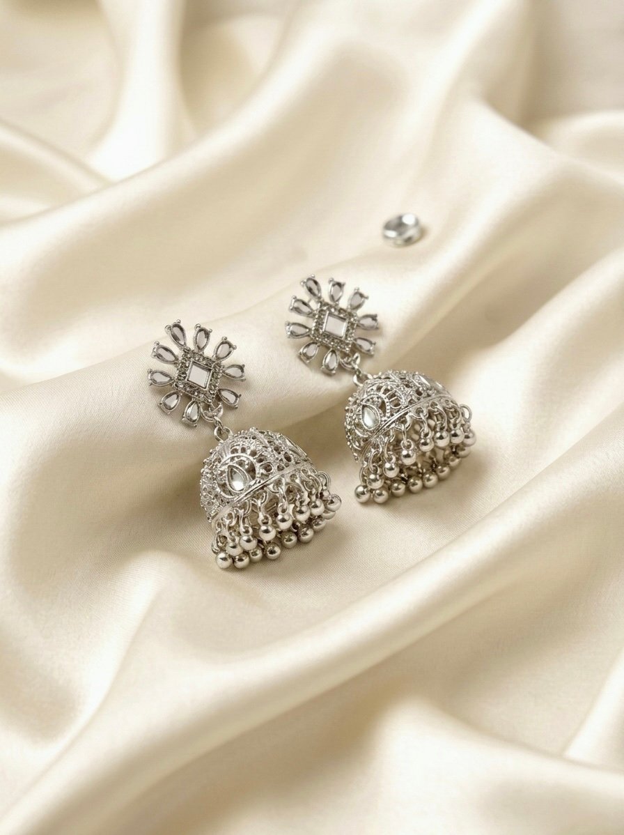 Traditional Mirror-Stone Floral Matte Silver Jhumka Earrings