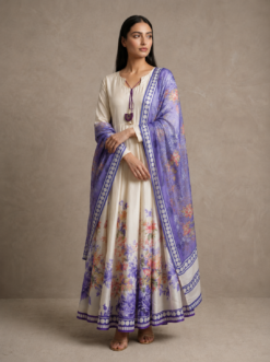 Premium Silk Pleated Dress with Floral Border and Tassel Detail