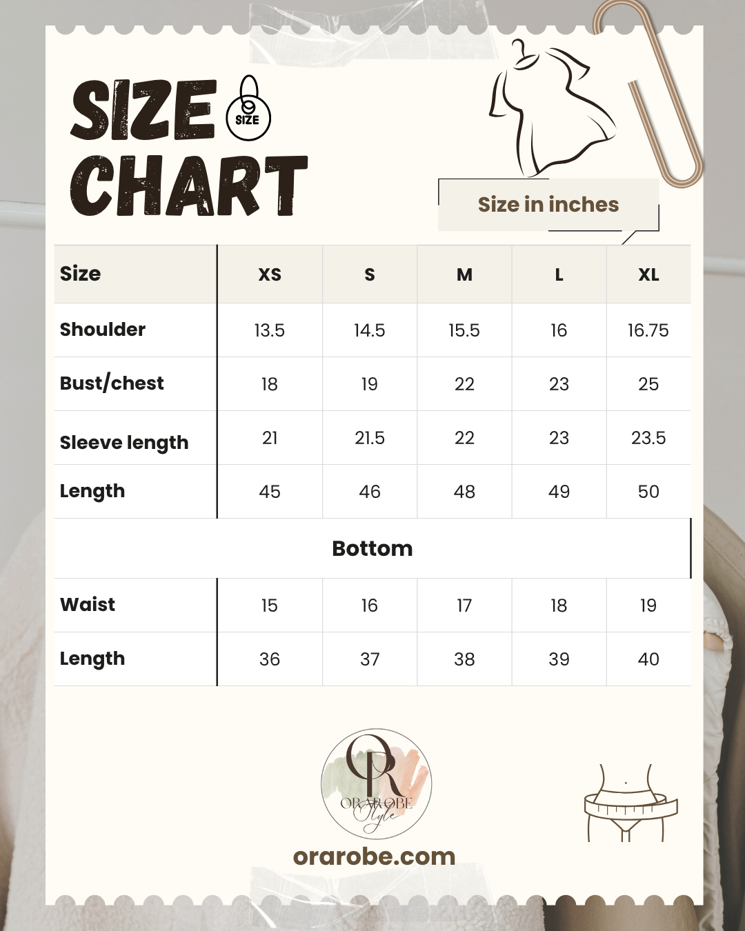 Orarobe Size Chart
