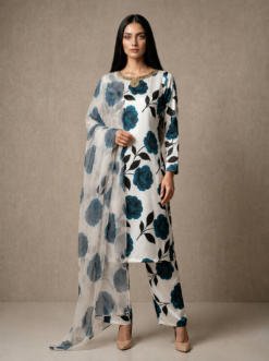 Luxury Teal Floral Printed Silk 3-Piece Co-ord Set with Embroidered Neckline