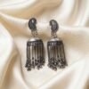 Oxidized Silver Paisley Jhumka Earrings with Hanging Chains