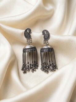 Oxidized Silver Paisley Jhumka Earrings with Hanging Chains