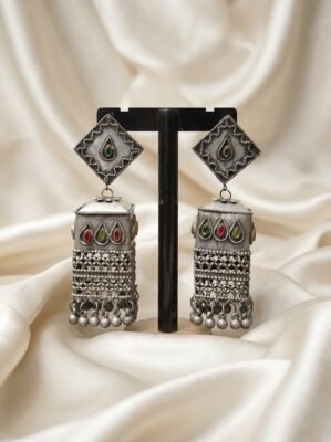 Premium Oxidized Silver Square Tribal Jhumka Earrings