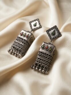 Premium Oxidized Silver Square Tribal Jhumka Earrings