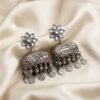 Oxidized Silver Square Jhumka Earrings with Kundan Flower Top