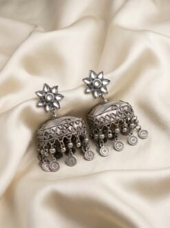 Oxidized Silver Square Jhumka Earrings with Kundan Flower Top