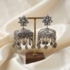 Oxidized Silver Square Jhumka Earrings with Kundan Flower Top