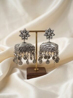 Oxidized Silver Square Jhumka Earrings with Kundan Flower Top