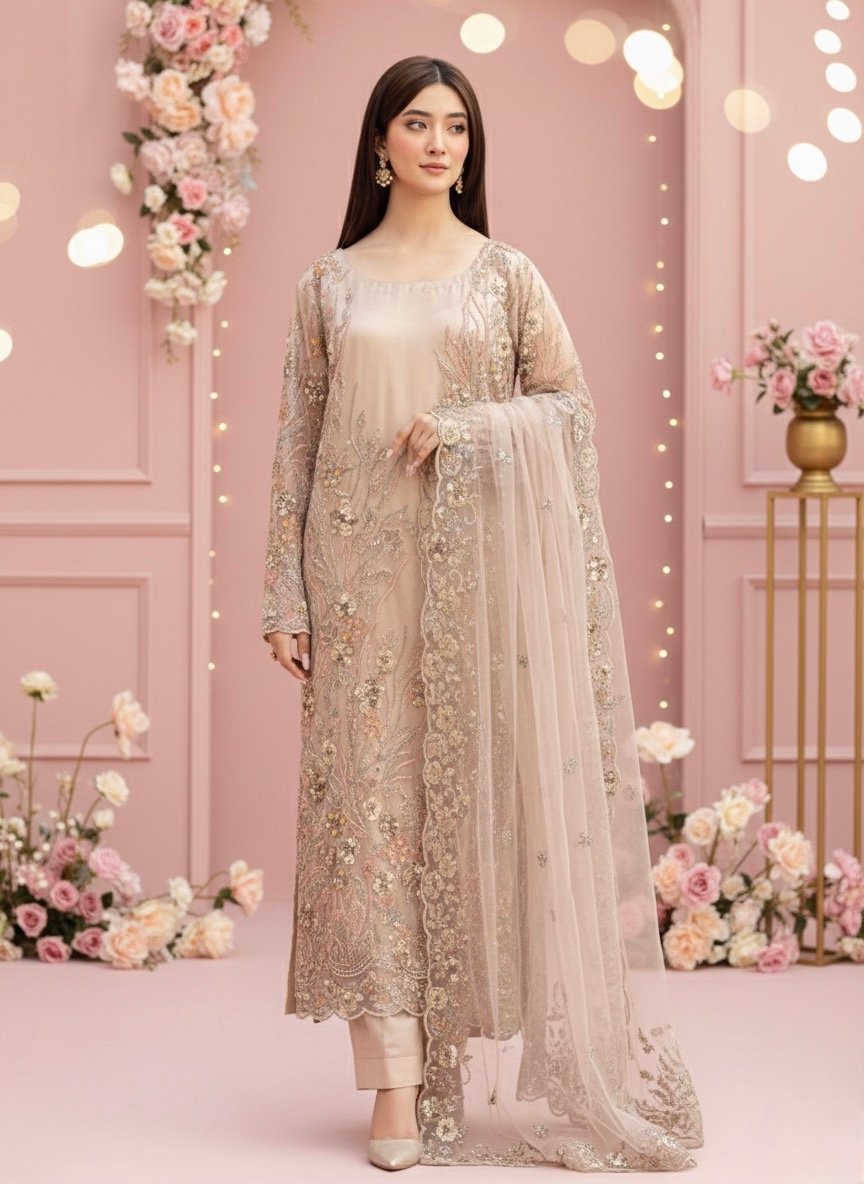 Embellished Net Formal 3-Piece Suit – Embroidered Dress