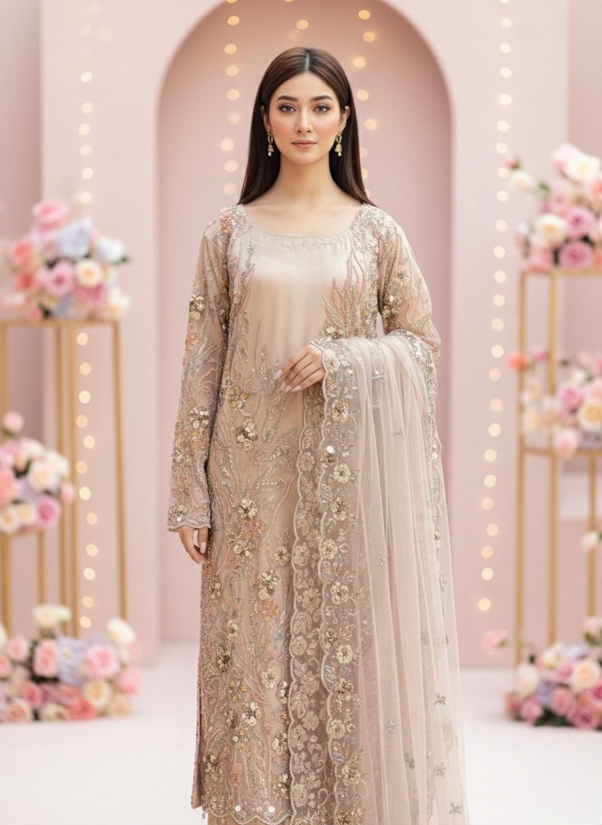 Embellished Net Formal 3-Piece Suit – Embroidered Dress - Image 2