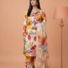Vibrant Abstract Floral Silk 3-Piece Suit with Embroidered Neckline