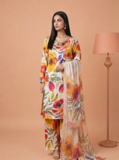 Vibrant Abstract Floral Silk 3-Piece Suit with Embroidered Neckline
