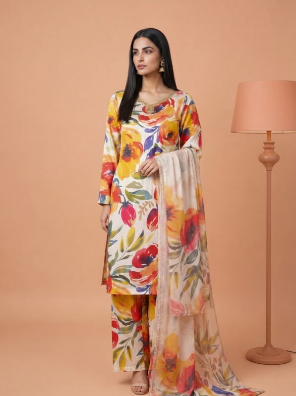 Vibrant Abstract Floral Silk 3-Piece Suit with Embroidered Neckline