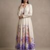 Premium Silk Pleated Maxi Dress with Floral Border and Tassel Detail