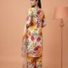 Vibrant Abstract Floral Silk 3-Piece Suit with Embroidered Neckline