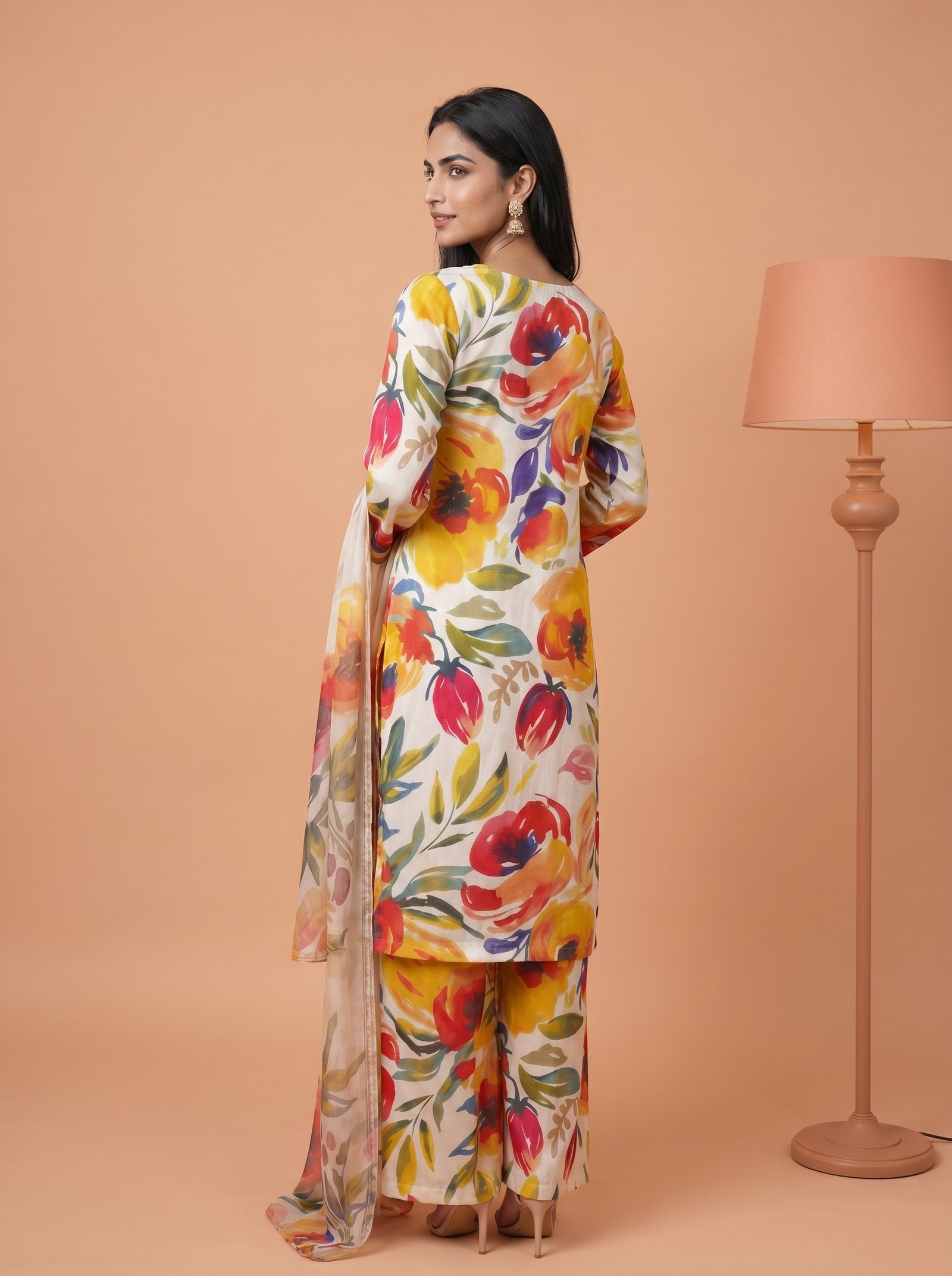 Vibrant Abstract Floral Silk 3-Piece Suit with Embroidered Neckline