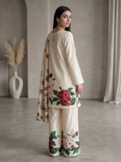 Elegant Rose Placement Printed Silk 3-Piece Suit with Delicate Neckline Accent