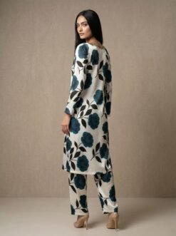 Luxury Teal Floral Printed Silk 2-Piece Co-ord Set with Embroidered Neckline