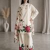 Elegant Rose Placement Printed Silk 3-Piece Suit with Delicate Neckline Accent