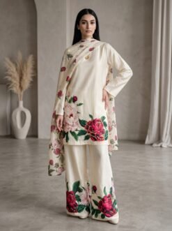 Elegant Rose Placement Printed Silk 3-Piece Suit with Delicate Neckline Accent