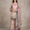 Elegant Floral Printed Silk 3-Piece Suite with Embroidered Neckline