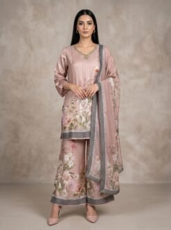 Elegant Floral Printed Silk 3-Piece Suite with Embroidered Neckline