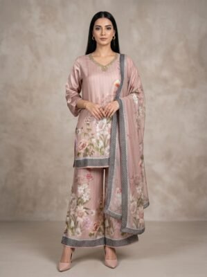 Elegant Floral Printed Silk 3-Piece Suite with Embroidered Neckline
