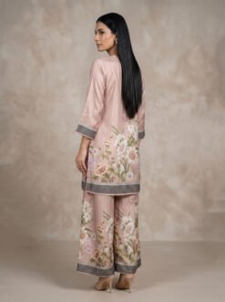 Elegant Floral Printed Silk 3-Piece Suite with Embroidered Neckline